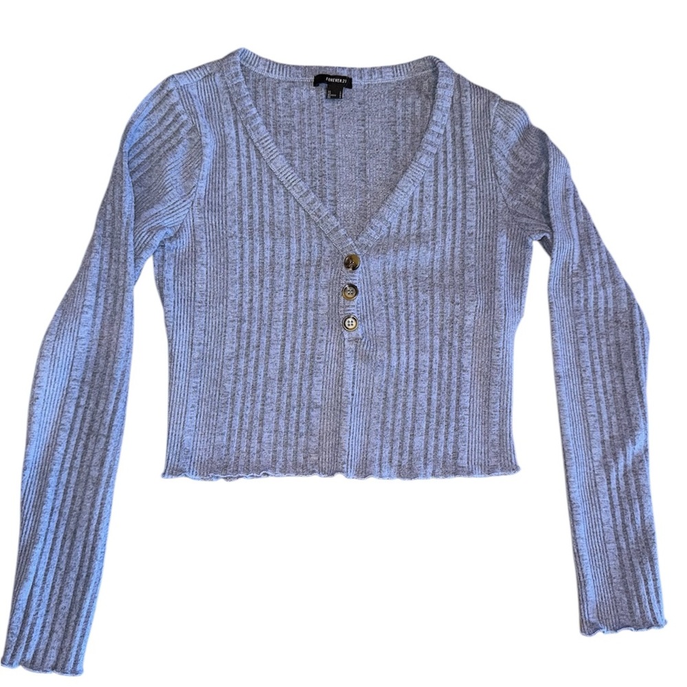 Gray Ribbed V-Neck Button-Up Top